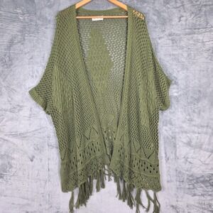 Womens Cardigan One Size Green Duster Festivel Fringe Boho Crochet Knit Kimono